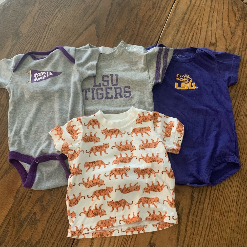 Properly Tied LSU 12M Bundle Lot Tigers (3) Bodysuits (1) T-Shirt Baton Rouge